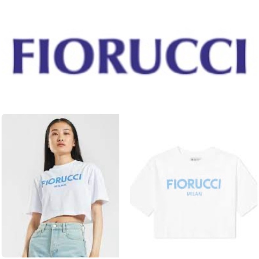 💥PRICE DROP💥WO FIORUCCI Crop Top‼️white w/blue lettering in front! NWOT‼️